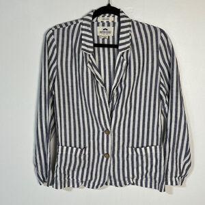 British Khaki Blazer Women's Small 100% Linen Blue White Striped Nautical Pocket
